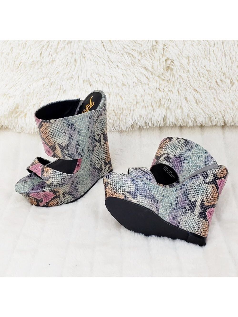 Wide Strap Slip On Multicolor Snake Print 6" Wedge Heel Shoe Platform Sandals - Picture 6 of 13
